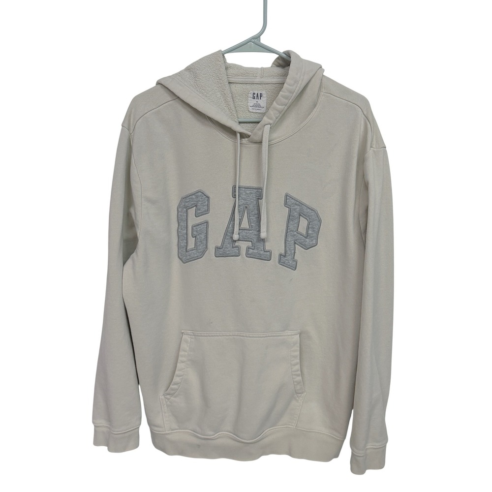 Gap Arch Logo Hoodie Mens XL Cream Grey Applique Fleece Pullover Sweatshirt